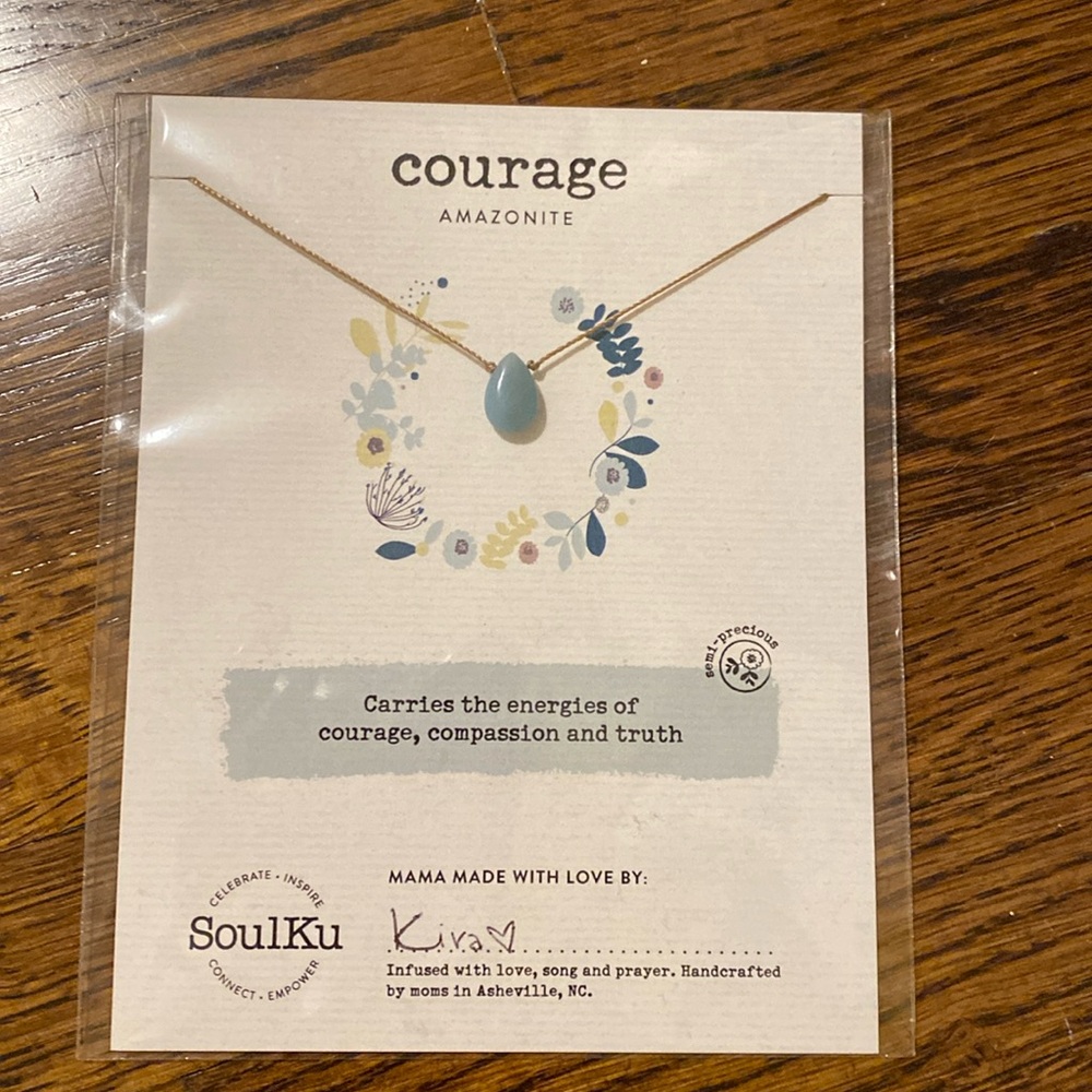 SoulKu “courage” necklace with amazonite tear-drop bead.